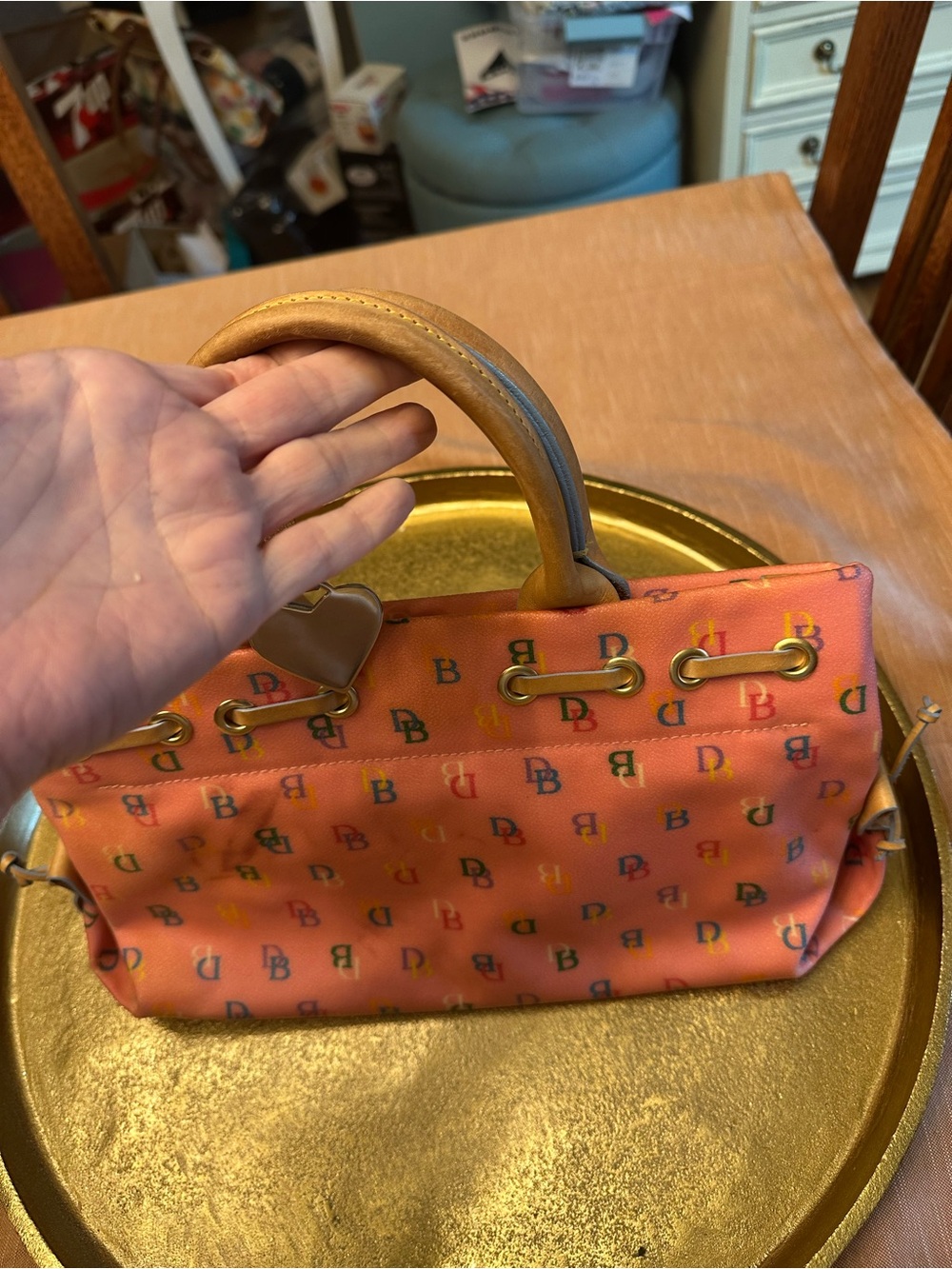 Dooney & Bourke Pink Signature Monogram Drawstring Satchel Y2K Vintage - Picture 6 of 12